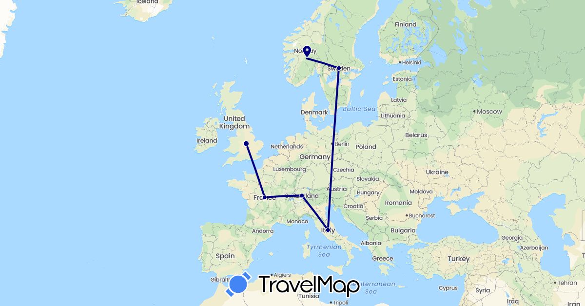 TravelMap itinerary: driving in Switzerland, France, United Kingdom, Italy, Norway, Sweden (Europe)